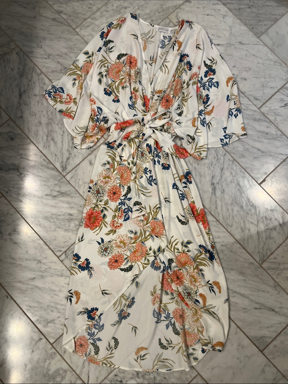 Petal & Pup White Floral Tie-Waist Maxi Dress with Coral & Navy Blooms